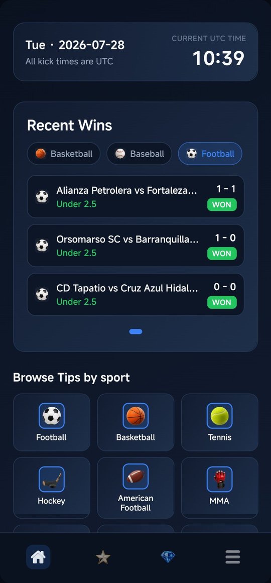 Tsapou home screen with recent wins and sports grid